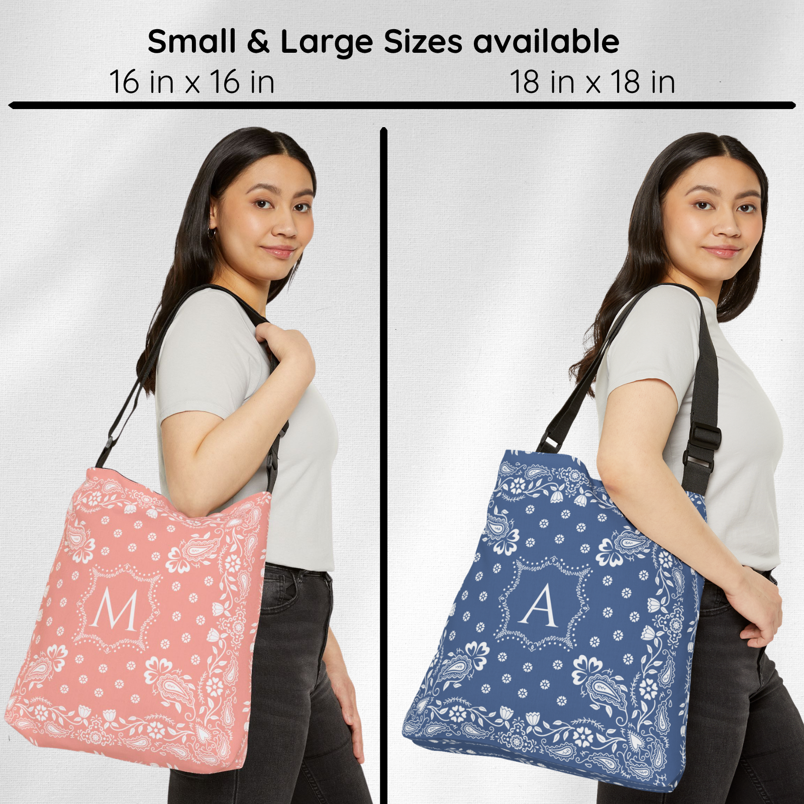 A split comparison showing two models carrying tote bags with bandana prints. The left model wears a pink bag with a white monogram 'M', and the right model wears a blue bag with a white monogram 'A'.