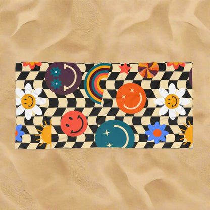 Bring cheerful, vintage energy to your next beach or pool day with this retro checkerboard smiley face towel. Its colorful check pattern and bright smile design make it a standout summer essential. Soft cotton back ensures comfort and absorbency, while the printed polyester front adds style and durability. A perfect personalized beach gift or travel accessory for retro fans.
