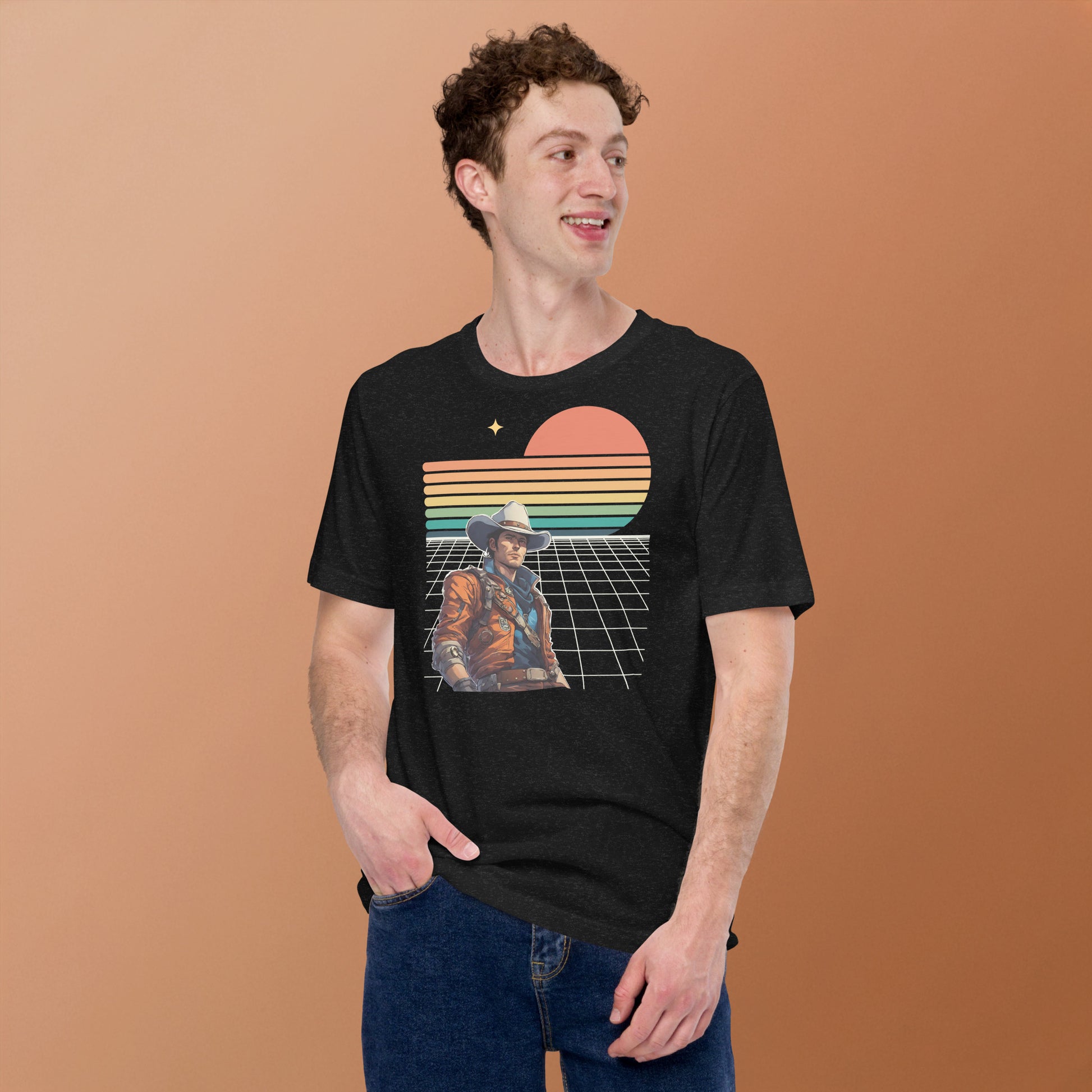 Vintage style space cowboy t shirt with bold sunset grid artwork blending western and sci fi aesthetics. This soft lightweight unisex tee offers a relaxed fit for all day comfort, making it great for casual wear, festivals, or travel. Ideal gift for lovers of retro graphics, space inspired fashion, and standout everyday clothing.