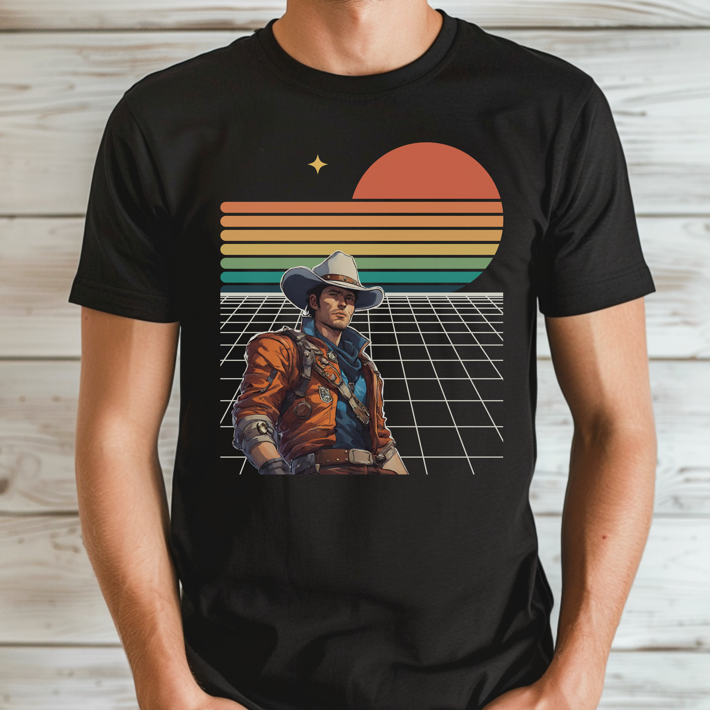 Black t-shirt with a graphic of a person in a cowboy hat and jacket against a retro style sunset and synthwave grid background.