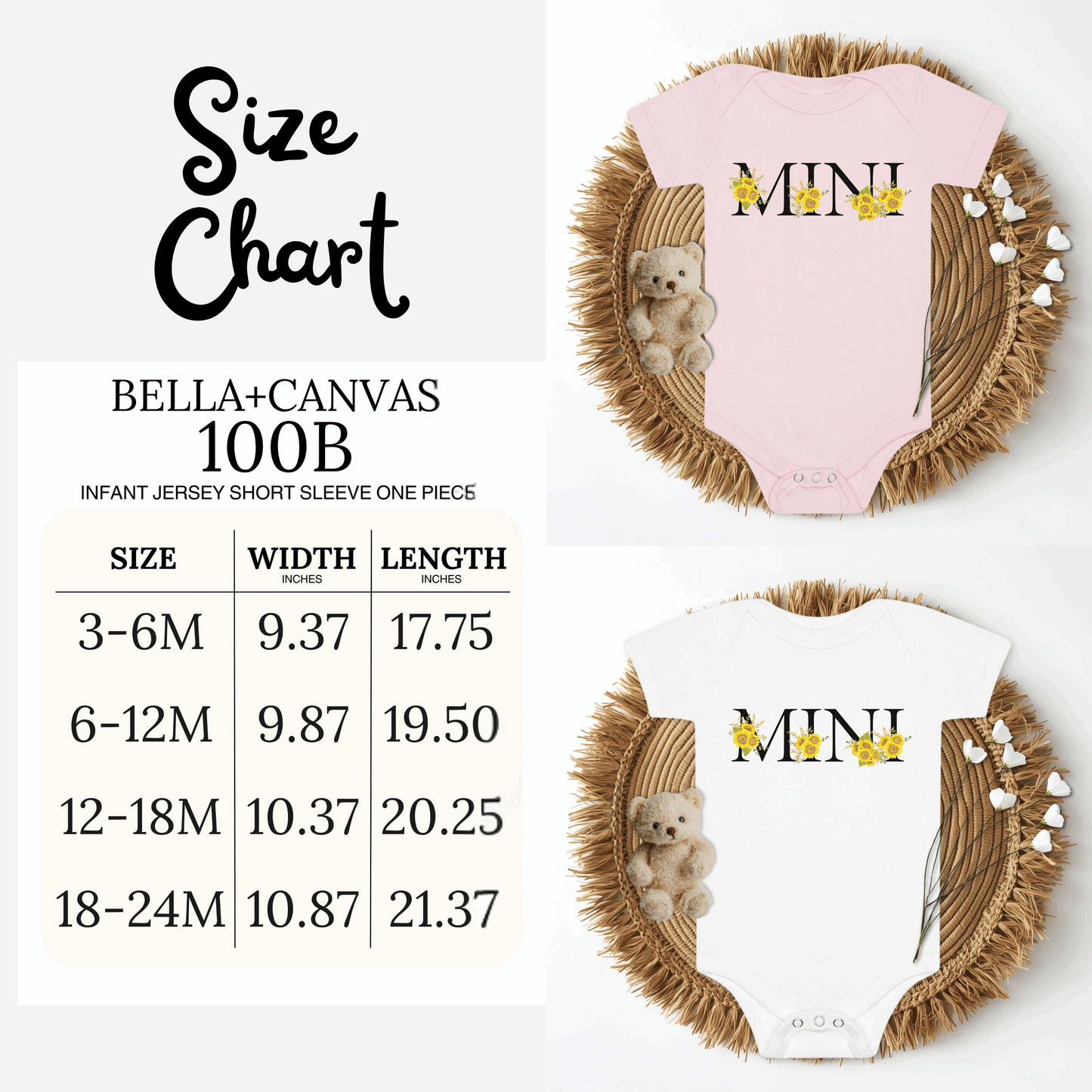 Mini Sunflower Baby Bodysuit size chart showing measurements for toddler and infant sizes 3-6m, 6-12m, 12-18m, and 18-24m. The chart includes width, length, and suggested baby weight for each size, helping parents choose the perfect fit. Designed for the White or Pink Bella Canvas 100B bodysuit with “MINI” sunflower calligraphy, this sizing guide ensures comfort, proper fit, and easy coordination with matching MAMA sweatshirt or tee for family matching outfits.