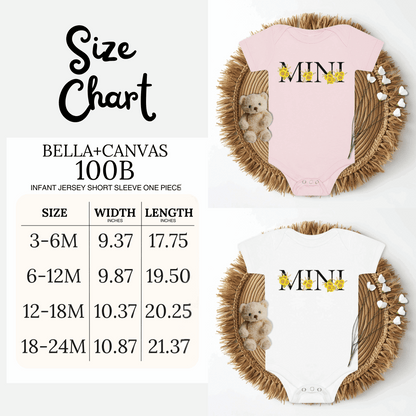 Mini Sunflower Baby Bodysuit size chart showing measurements for toddler and infant sizes 3-6m, 6-12m, 12-18m, and 18-24m. The chart includes width, length, and suggested baby weight for each size, helping parents choose the perfect fit. Designed for the White or Pink Bella Canvas 100B bodysuit with “MINI” sunflower calligraphy, this sizing guide ensures comfort, proper fit, and easy coordination with matching MAMA sweatshirt or tee for family matching outfits.