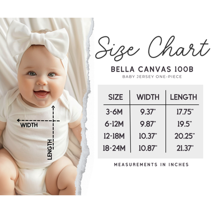 Size chart graphic for Bella Canvas 100B baby jersey one-piece, showing a smiling baby wearing the white bodysuit on the left with measurement arrows and a size table on the right listing widths and lengths from 3-6M to 18-24M.