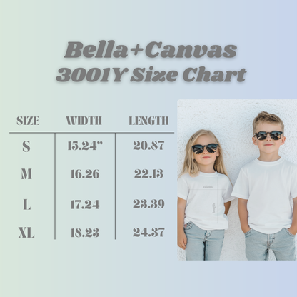 Bella Canvas 3001Y Size chart, for child sizes S, M, L and XL. 