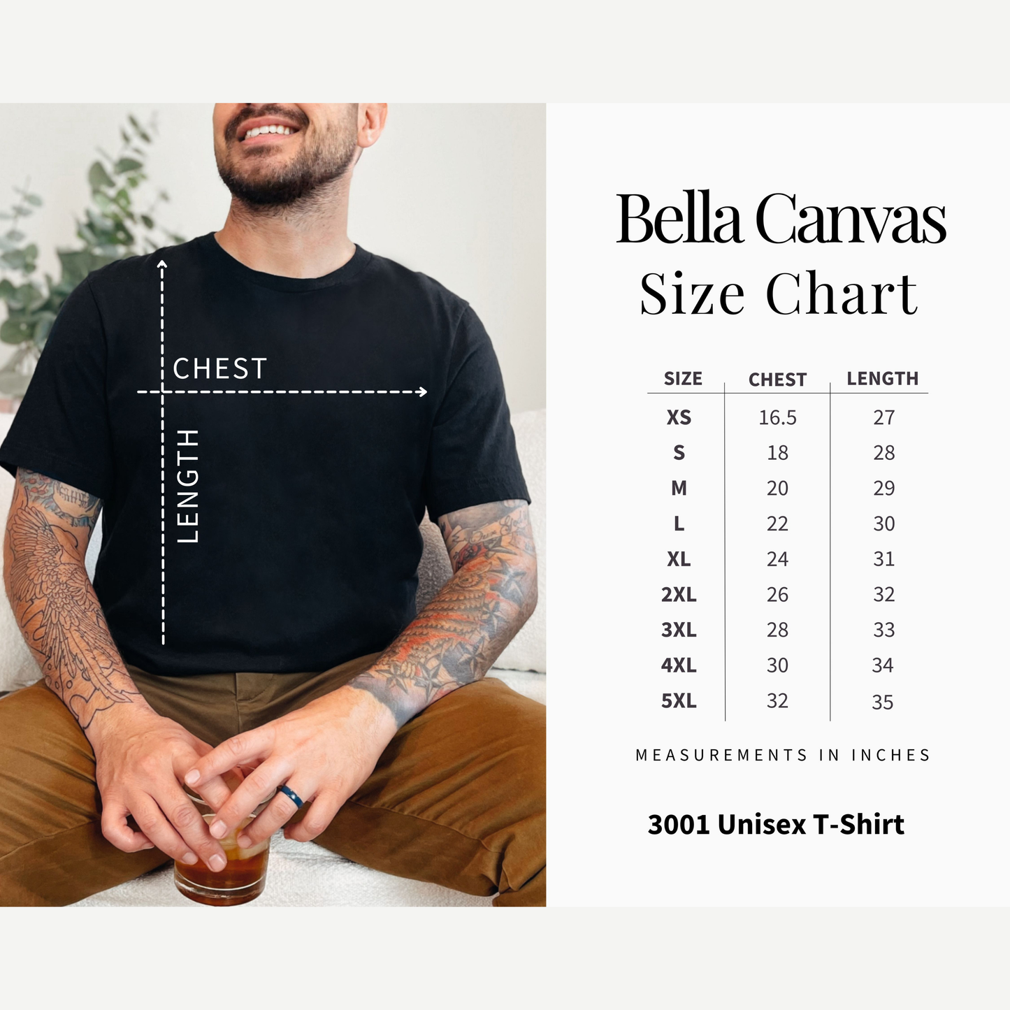 Bella Canvas 3001 Adult Unisex Tshirt Size Chart Male, sizes available XS, S, M, L, XL, 2XL, 3XL, 4XL and 5XL