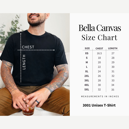 Bella Canvas 3001 Adult Unisex Tshirt Size Chart Male, sizes available XS, S, M, L, XL, 2XL, 3XL, 4XL and 5XL