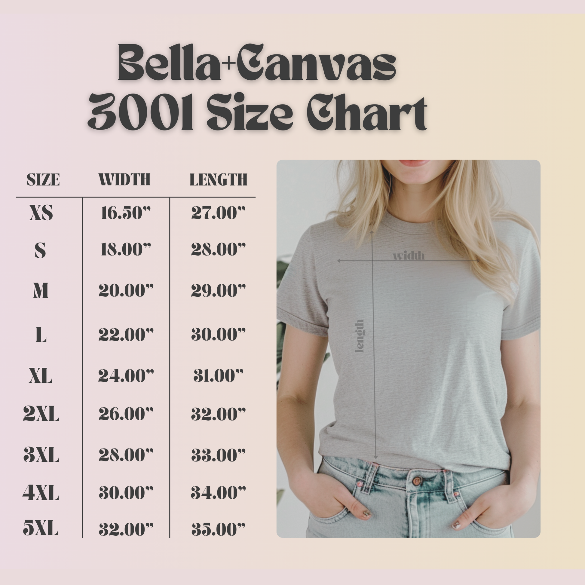 Bella Canvas 3001 tshirt size chart displaying adult unisex sizing from XS to 5XL with measurements to help choose the best fit. Chart includes body width and body length for each size so shoppers can compare to a favorite tee at home. Bella Canvas 3001 offers a modern retail fit with comfortable proportions across standard and extended sizes. Helpful guide for selecting a true to size fit or sizing up for a more relaxed oversized look before ordering this soft lightweight graphic tshirt.