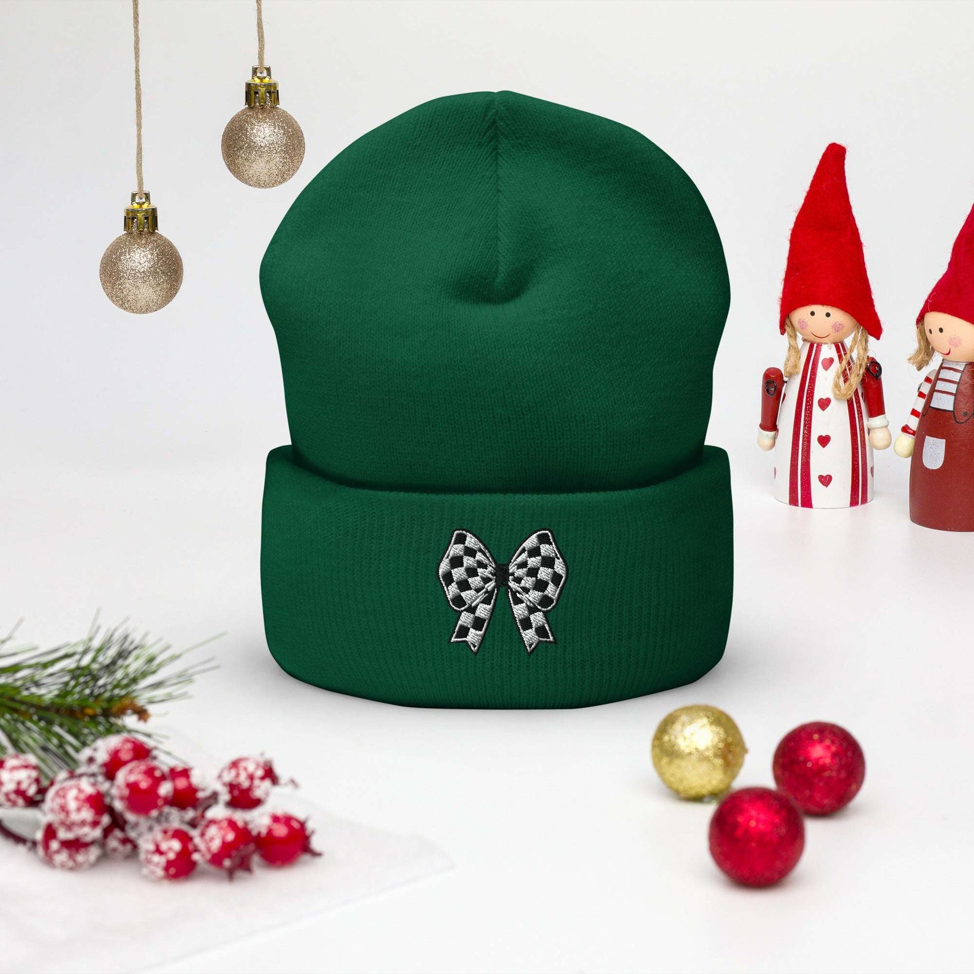 Make your winter outfits camera-ready with this Coquette Checkerboard Bow Beanie, the perfect accessory for social content and soft girl fashion posts. Its embroidered bow design pops beautifully in photos, while the plush knit fabric keeps you cozy. Pair it with a trench coat or matching mittens for a coquette-inspired winter ensemble. A unisex cuffed beanie that blends clean-girl minimalism with Y2K-inspired flair—ideal for influencers and content creators.