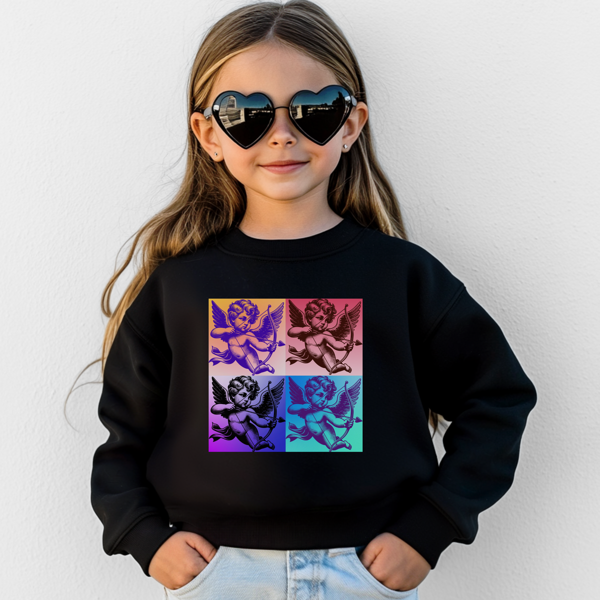 Black sweatshirt featuring a colorful pop art Cupid design with four vintage inspired cherubs in purple, pink, black and turquoise squares. A young girl wears the crewneck with heart shaped sunglasses and jeans, showing the bold retro graphic clearly. Fun Valentine’s Day, Galentine’s Day, cupidcore, Y2K and nostalgic gift idea for tween and teen girls who love playful statement sweatshirts.