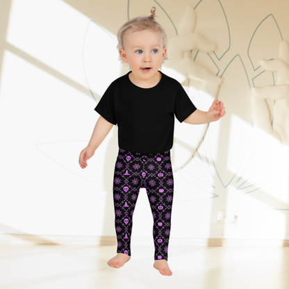 Full length high rise girls leggings with a purple and black Halloween pattern, soft stretchy fabric and a playful spooky design, perfect for toddler Halloween outfits, girls fall clothing, tween outfits, teen outfits and festive family activities