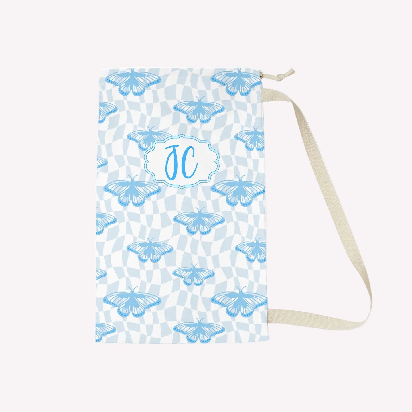 Blue Butterfly Checkered Custom Laundry Bag Blue custom laundry bag decorated with butterflies and a playful checker pattern, personalized especially for you with a custom name. Designed for everyday convenience, this lightweight dirty clothes bag is perfect for laundromat trips, dorm living, camp adventures, apartment organization, and travel. The fresh blue tones pair beautifully with colorful bedrooms and preppy dorm decor while the practical construction keeps clothes secure. A wonderful back to school,