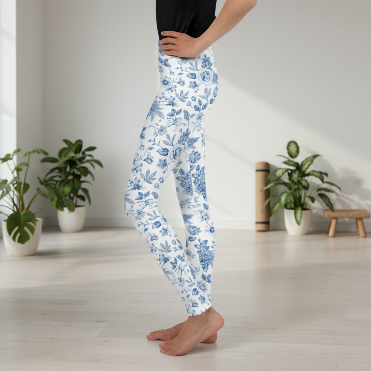 Image: Classic blue toile youth leggings for girls in sizes 8 to 20, perfect for everyday wear, seasonal photos, or matching family outfits. These leggings blend comfort and vintage style with a beautiful floral pattern inspired by timeless French toile design. A must-have wardrobe staple for stylish tweens and teens who love cozy, fashion-forward outfits with charm, by jaecrece.

