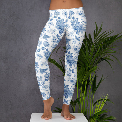 Image: Elegant women’s leggings with a soft blue toile design inspired by French vintage art. Sizes XS to XL offer a flattering fit in stretchy, breathable fabric. Ideal for pairing with neutrals or denim, these leggings work well for casual days or garden parties. Add to your spring or summer wardrobe and match with your child for a cohesive family look, by jaecrece.