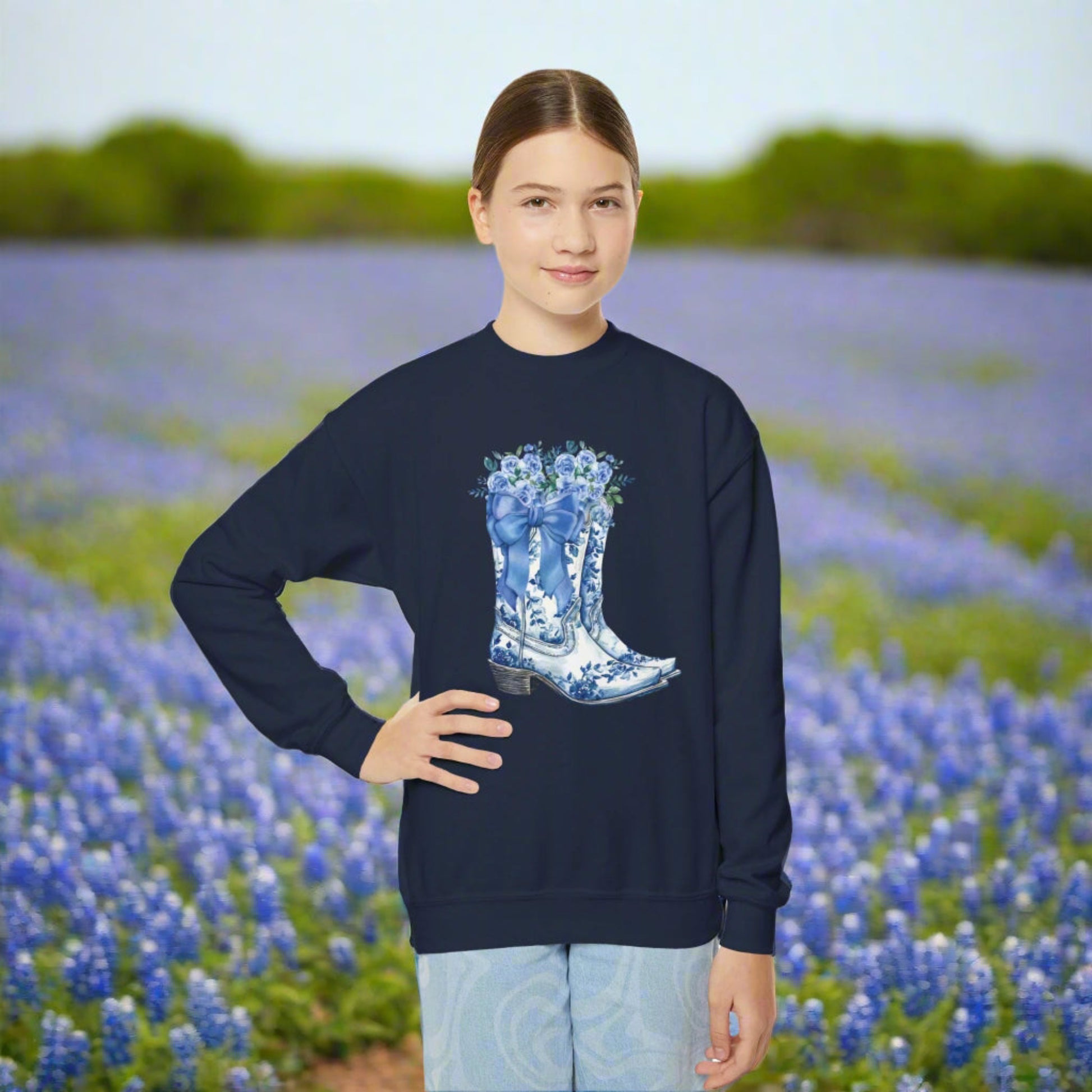 Image: Blue Toile Boots and Bows Girls Sweatshirt in sizes for girls and toddlers. This pullover sweater features a pair of coastal cowgirl aesthetic cowboy boots with a blue bow and blue wildflowers. This country themed sweater makes a perfect gift for your daughter, by jaecrece