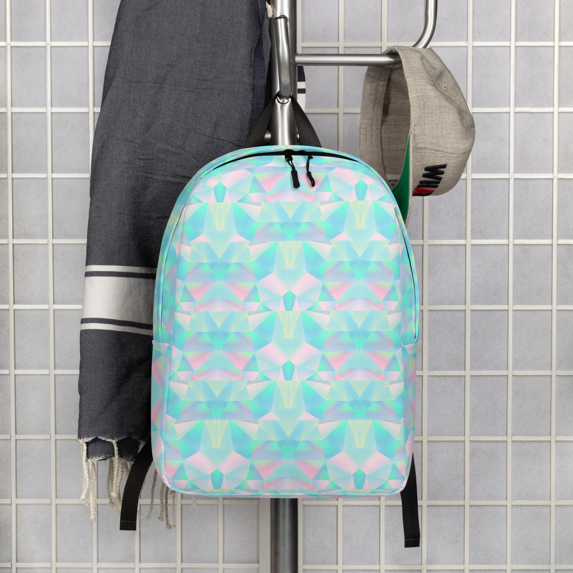 Pastel geometric backpack with a prism inspired pattern and soft pastel colors, designed for school, college, and daily wear. This cute pastel backpack is made from durable polyester with water resistant fabric, adjustable padded straps, smooth zipper closure, and a roomy interior with a laptop pocket and hidden back pocket, perfect for students, travel days, creative lifestyles, and back to school shopping.