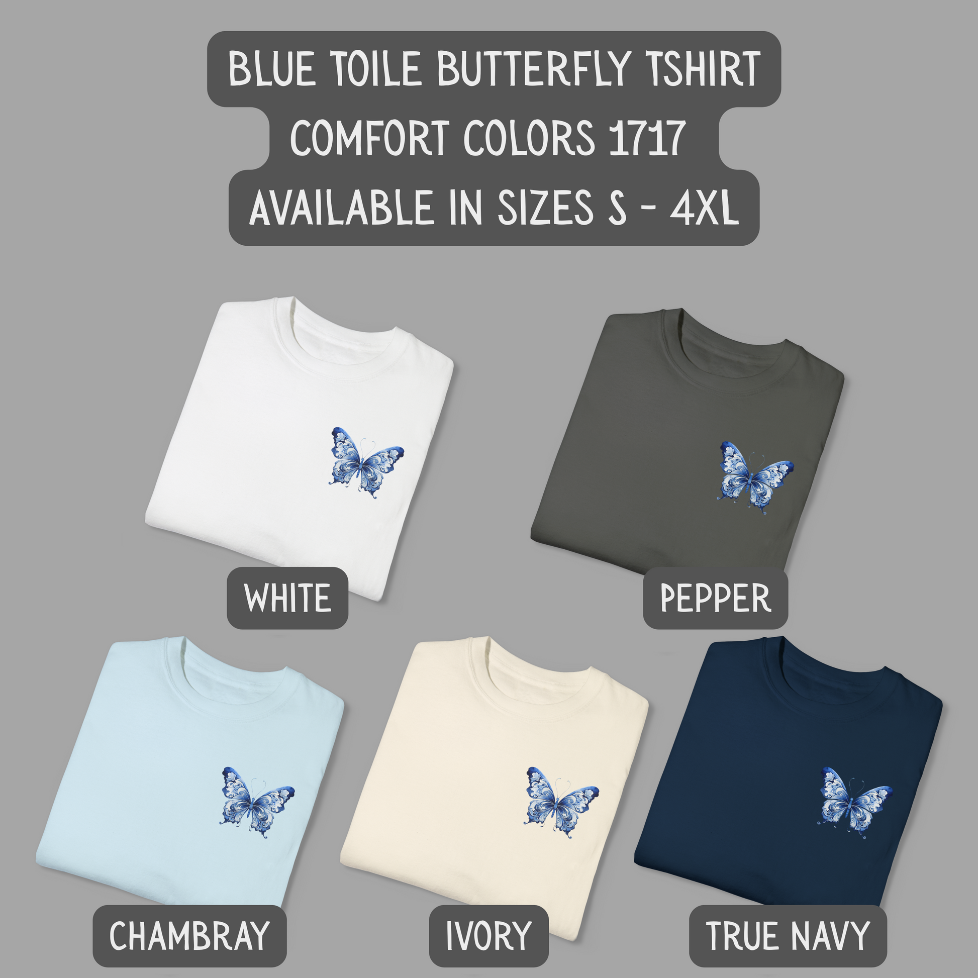 Women’s Comfort Colors t-shirt in sizes perfect for a relaxed fit, featuring a charming blue toile butterfly design on the chest. Made for soft girl wardrobes and fans of coastal cowgirl, cottagecore, or bougie mama fashion. Lightweight, soft, and beautiful for everyday wear, this is the go-to tee when you want to keep it simple, feminine, and effortlessly cute.