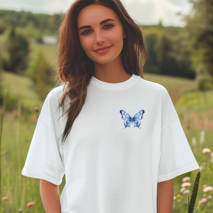 Comfort Colors women's tee in soft, garment-dyed cotton with a refined blue toile butterfly print over the chest. Combining French aesthetic charm, soft girl energy, and casual elegance, this shirt is ideal for cottagecore lovers, butterfly admirers, and fans of bougie mama fashion. A breathable, stylish piece for spring and summer layering or stand-alone weekend outfits.

