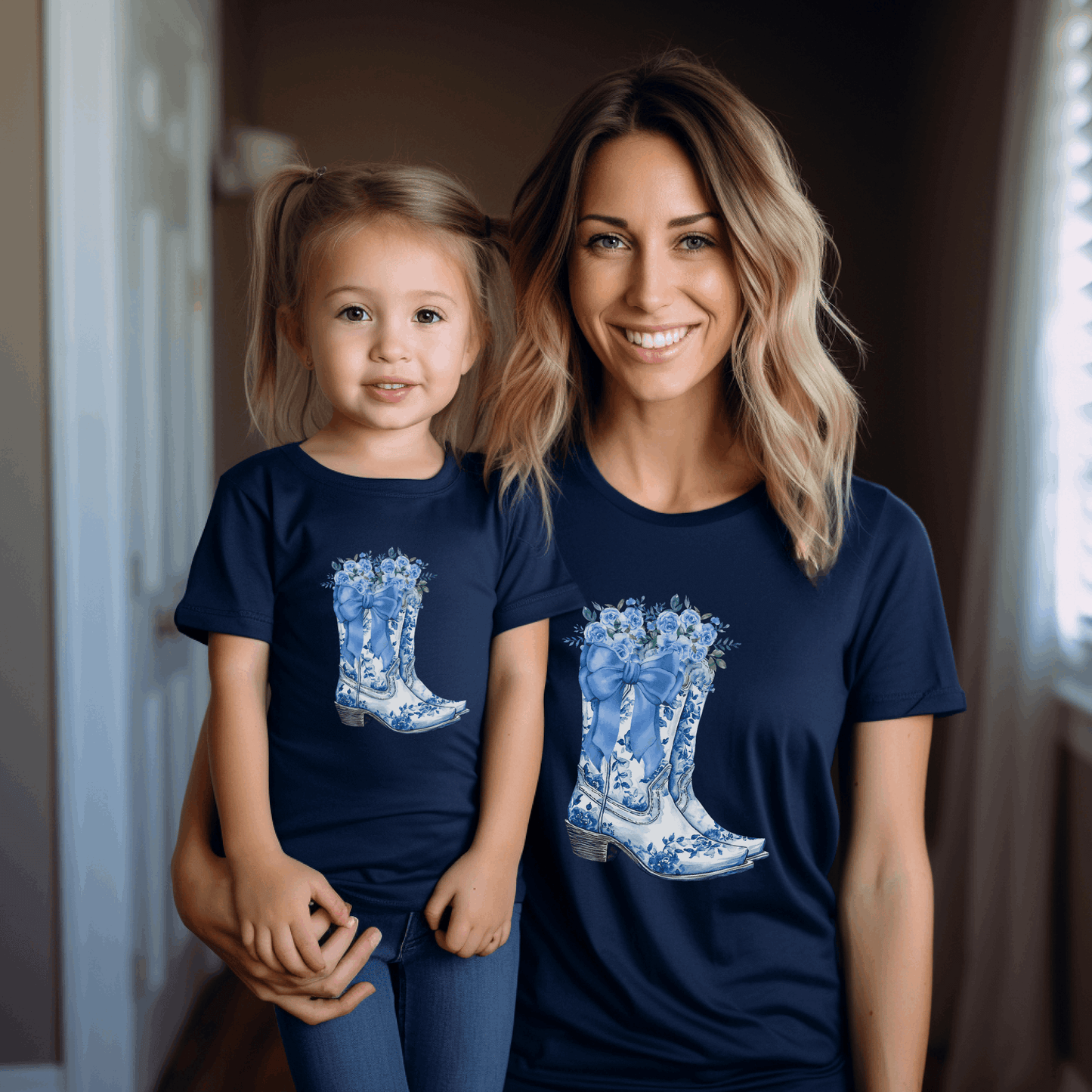 This toddler tee showcases a blue toile floral cowboy boot design, combining western flair with soft girl charm. Designed for stylish toddlers, it’s perfect for Texas rodeos, family photos, or boutique country birthday outfits. The toile de jouy print adds a vintage French touch to this western toddler shirt. Whether for playtime or parties, this floral cowboy boot tee is ideal for toddler girls with coquette or coastal cowgirl style.