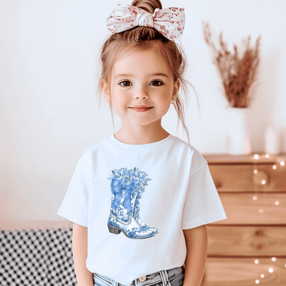 Capture Southern charm with this Blue Toile Floral Cowboy Boots Toddler Tee, designed for toddlers who love a soft western aesthetic. The blue toile print and vintage cowgirl boot graphic make it a standout piece for country fairs, rodeos, or birthday photos. This toddler cowgirl shirt fits the trending soft girl aesthetic and pairs perfectly with ruffle skirts or jeans. A boutique western tee for stylish toddlers and their bougie mamas.