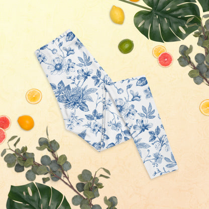 Image: Blue Toile Women’s Leggings in sizes XS to XL, featuring a classic French floral print in soft blue on white. These vintage-style leggings offer comfort and charm for everyday wear, lounging, or special occasions. Perfect for spring and summer outfits, the leggings are part of a matching family collection for coordinated looks with kids and teens. Great for moms, gifts, or stylish photo shoots, by jaecrece