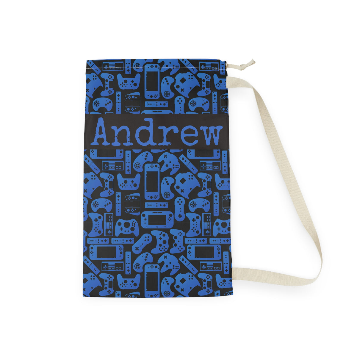 Blue and black personalized laundry bag for kids who love video games, featuring an all over collection of gaming controllers and handheld consoles. Add a name to create a custom laundry bag for boys or girls that is useful for sleepaway camp, college dorms, sleepovers, travel, or home.

6.