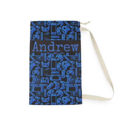 Blue and black personalized laundry bag for kids who love video games, featuring an all over collection of gaming controllers and handheld consoles. Add a name to create a custom laundry bag for boys or girls that is useful for sleepaway camp, college dorms, sleepovers, travel, or home.

6.