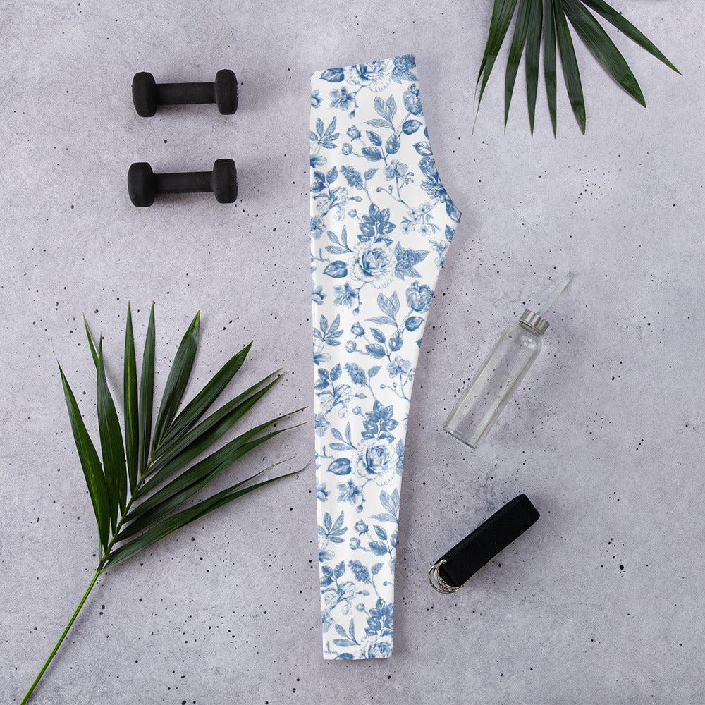 Image: Toile print leggings for women in blue and white, available in sizes XS to XL. These soft, high-quality leggings are inspired by classic French textiles and are perfect for brunch, casual days, or family photos. The stretchy waistband and breathable fabric make them ideal for all-day wear. Coordinate with matching toddler and youth versions for a cute mother daughter moment, by jaecrece.