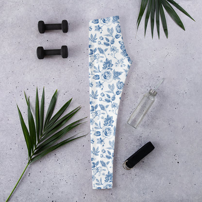 Image: Toile print leggings for women in blue and white, available in sizes XS to XL. These soft, high-quality leggings are inspired by classic French textiles and are perfect for brunch, casual days, or family photos. The stretchy waistband and breathable fabric make them ideal for all-day wear. Coordinate with matching toddler and youth versions for a cute mother daughter moment, by jaecrece.