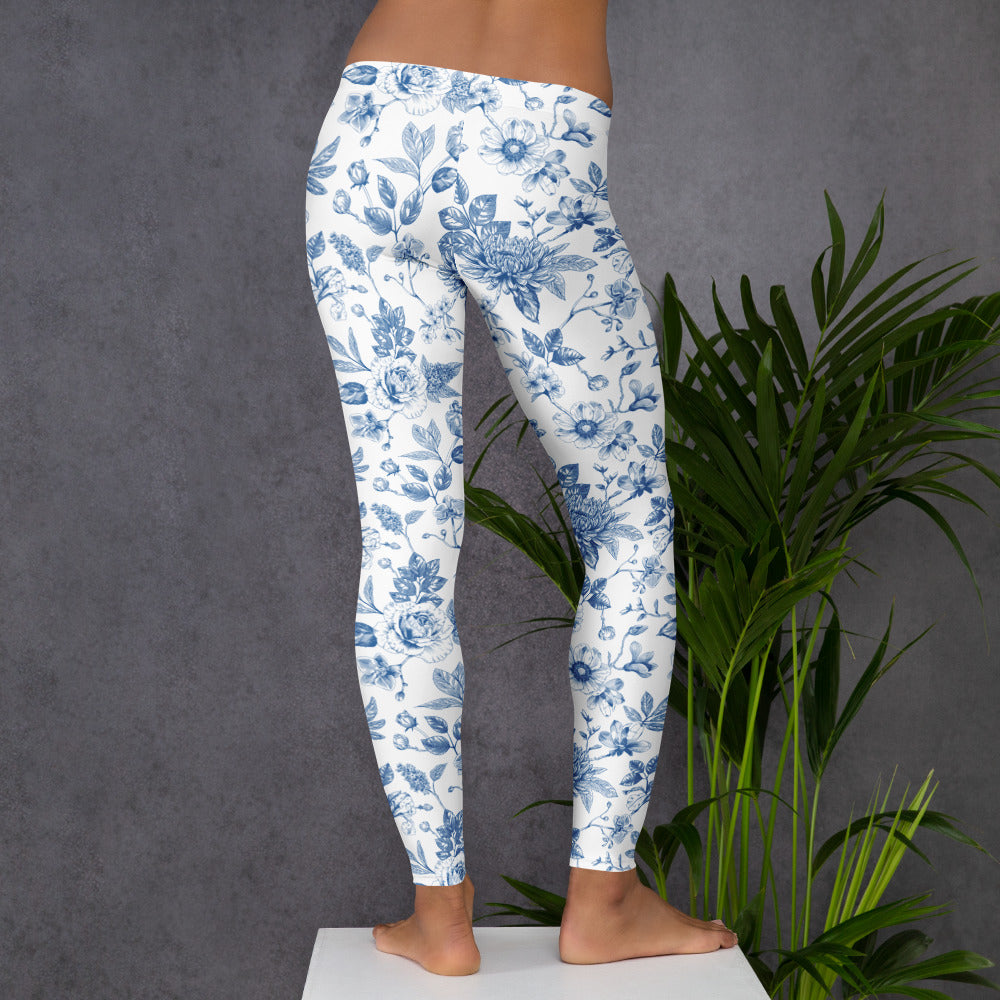 Image: Classic toile floral leggings for women in serene blue, perfect for spring fashion or stylish loungewear. Sizes XS to XL available in this soft, flexible fabric that flatters all body types. A timeless print for women who appreciate elegance and vintage charm. These leggings are part of a coordinated collection for moms and daughters to match beautifully, by jaecrece.