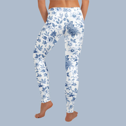 Image: Blue toile leggings for women that blend vintage French flair with modern fit and function. Designed in a soft stretchy fabric, these leggings are perfect for stylish moms, relaxed weekends, or coordinated family looks. Available in XS to XL and ideal for spring and summer wear. Whether lounging at home or taking family photos, these leggings make a statement, by jaecrece.