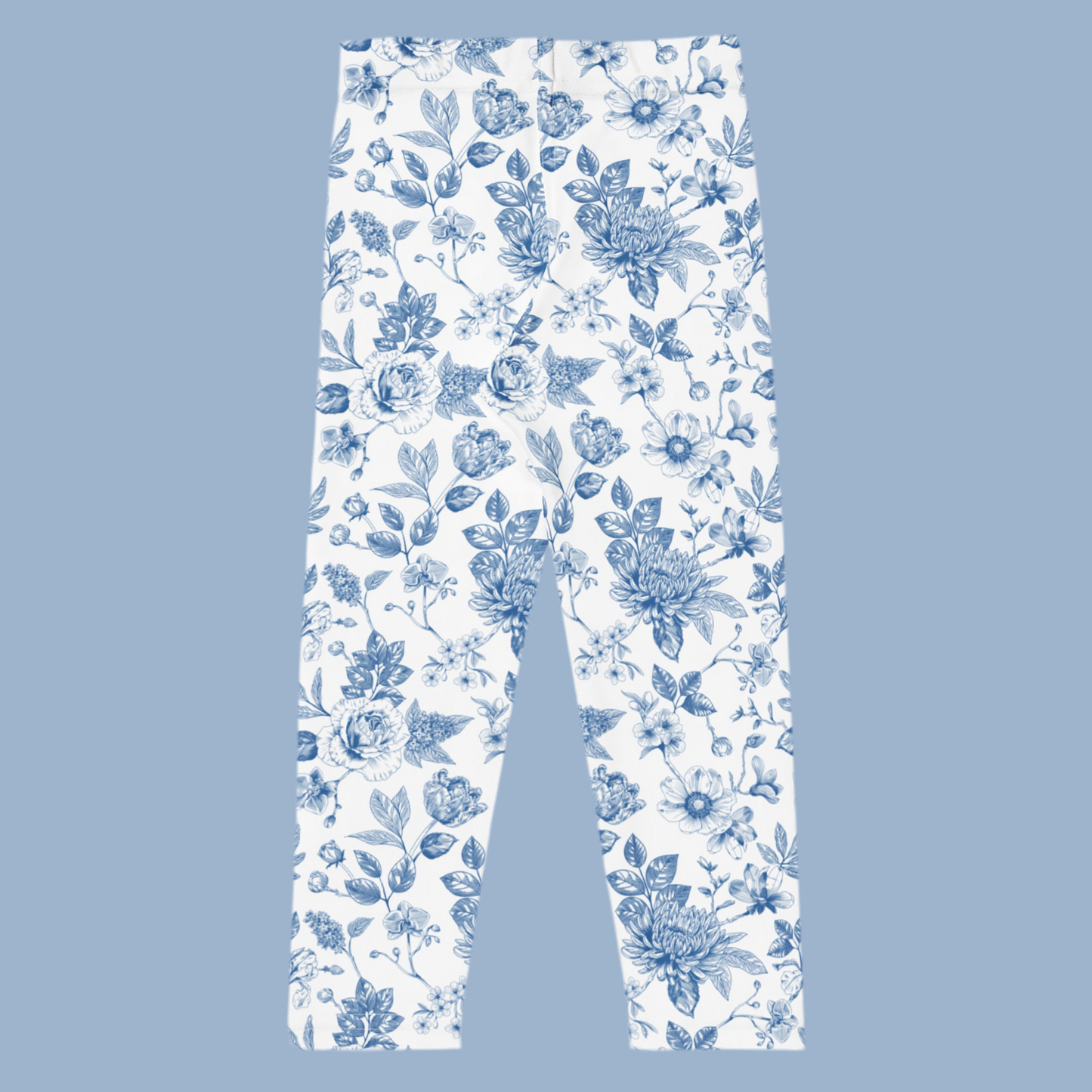 Image: Elegant toddler girls leggings featuring a soft blue toile pattern, ideal for stylish spring outfits, mommy and me matching moments, or coordinated family pictures. Available in sizes 2T to 7, these leggings are comfortable for active little ones while offering a polished, timeless look that works for holidays or everyday wear, by jaecrece.