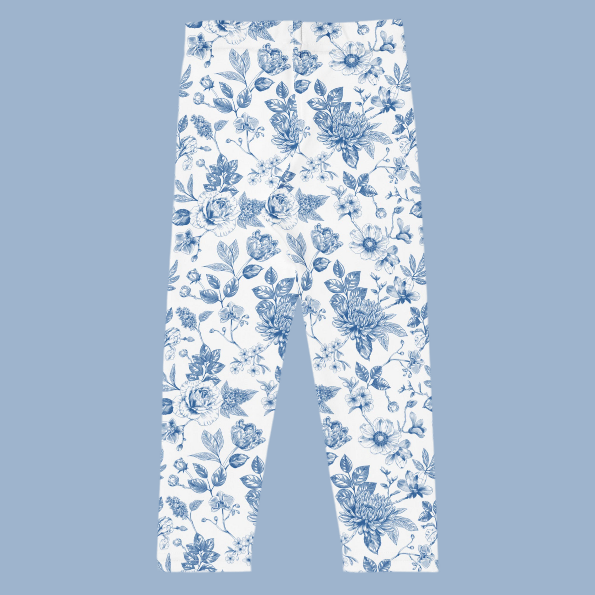 Image: Elegant toddler girls leggings featuring a soft blue toile pattern, ideal for stylish spring outfits, mommy and me matching moments, or coordinated family pictures. Available in sizes 2T to 7, these leggings are comfortable for active little ones while offering a polished, timeless look that works for holidays or everyday wear, by jaecrece.