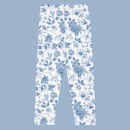 Image: Elegant toddler girls leggings featuring a soft blue toile pattern, ideal for stylish spring outfits, mommy and me matching moments, or coordinated family pictures. Available in sizes 2T to 7, these leggings are comfortable for active little ones while offering a polished, timeless look that works for holidays or everyday wear, by jaecrece.