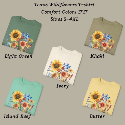Texas wildflower tee in Comfort Colors style with bluebonnet graphics and a pastel floral print. This soft girl, Southern style shirt celebrates spring blooms and Texas pride. A beautiful gift for nature lovers or festivalgoers, it’s breathable, comfy, and perfect for casual looks inspired by wildflower drives and spring landscapes. Available in 5 colors: Light Green, Khaki, Ivory, Island Reef and Butter