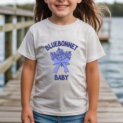 Texas baby gift featuring a bluebonnet baby T shirt printed on a soft BELLA CANVAS infant tee, a charming Texas wildflower shirt for baby showers, new parents, spring celebrations and families looking for unique Texas baby clothes