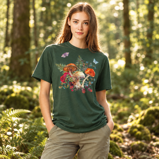 Whimsical Boho Botanical Mushroom Shirt printed on a Comfort Colors 1717 t shirt, featuring forest inspired mushrooms, ferns, butterflies, and moths. Available in earthy tones Ivory, Blue Spruce, Butter, Granite, and Pepper, this unisex woodland shirt is perfect for goblincore, fairyboho, cottagecore, and boho mystic aesthetics. Soft and relaxed, ideal for layering, fall wardrobe styling, or casual outdoor wear. Made-to-order and eco-conscious, this botanical graphic tee is a great gift for mushroom lovers,