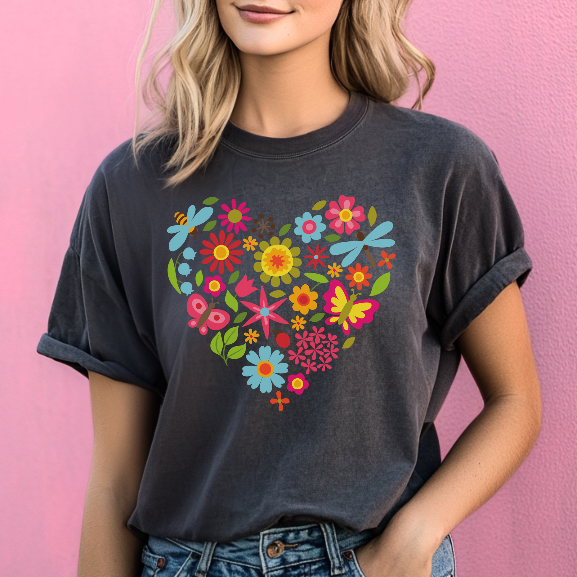 Heart design composed of blooming flowers, fluttering butterflies, and dragonflies. This intricate nature-inspired artwork blends romance and whimsy, ideal for springtime prints, love-themed gifts, or botanical wall art. Perfect for Valentine’s Day, wedding invitations, or cottagecore aesthetics. A detailed floral heart illustration that captures the beauty of the outdoors in a soft, romantic shape.