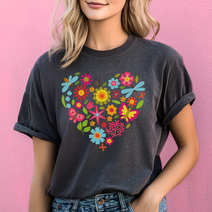 Heart design composed of blooming flowers, fluttering butterflies, and dragonflies. This intricate nature-inspired artwork blends romance and whimsy, ideal for springtime prints, love-themed gifts, or botanical wall art. Perfect for Valentine’s Day, wedding invitations, or cottagecore aesthetics. A detailed floral heart illustration that captures the beauty of the outdoors in a soft, romantic shape.