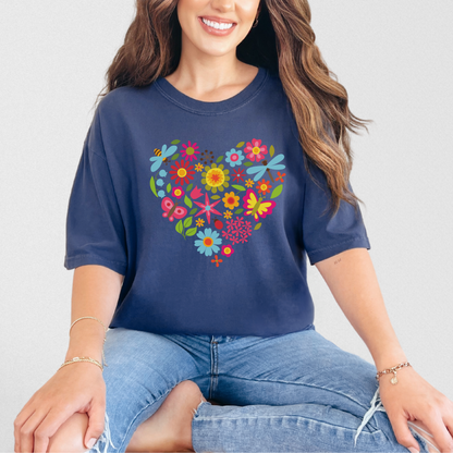 Whimsical heart-shaped graphic formed by colorful flowers, delicate butterflies, and graceful dragonflies. This romantic and nature-inspired design is perfect for spring, Valentine’s Day, or boho-themed decor. Ideal for use in feminine prints, garden party invites, or floral nursery art. A beautiful botanical heart illustration that combines love and nature in one enchanting composition.
