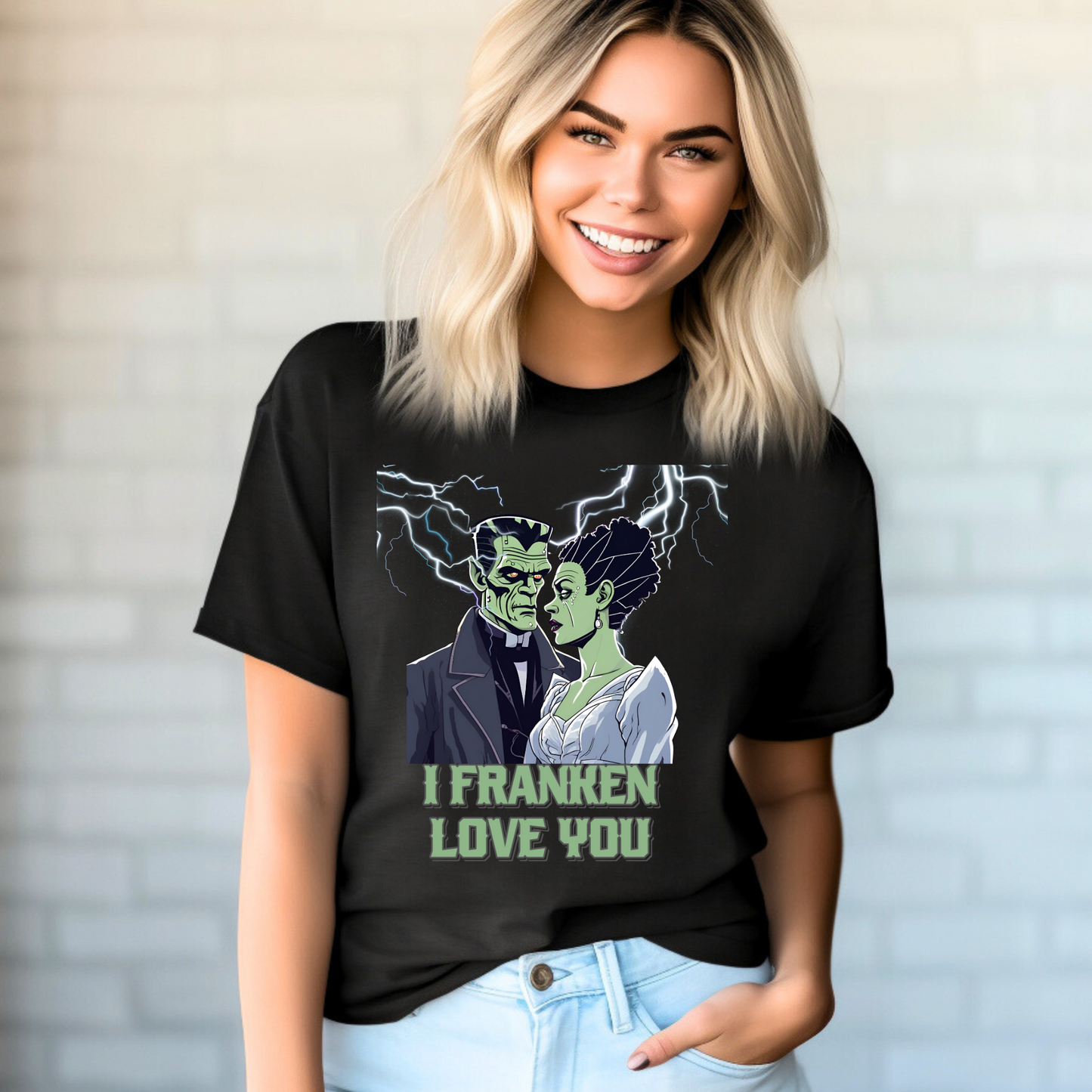 Playful romantic Halloween tee with Frankenstein and Bride of Frankenstein in a lightning storm, saying “I Franken Love You.” Unisex black Gildan 64000 shirt, available S-5XL. Great for monster lovers, couple costumes, Halloween parties, or funny spooky gifts.