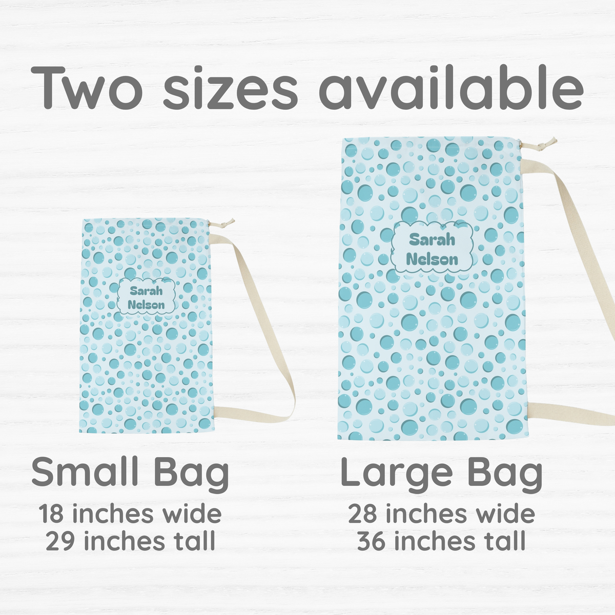 Small and large aqua bubble print drawstring laundry bags displayed side by side to compare their sizes. Both bags feature a colorful bubble pattern and plain cream drawstrings, helping shoppers choose the right laundry bag for kids, tweens, and teens for summer camp, sleepovers, dorm life, and travel.