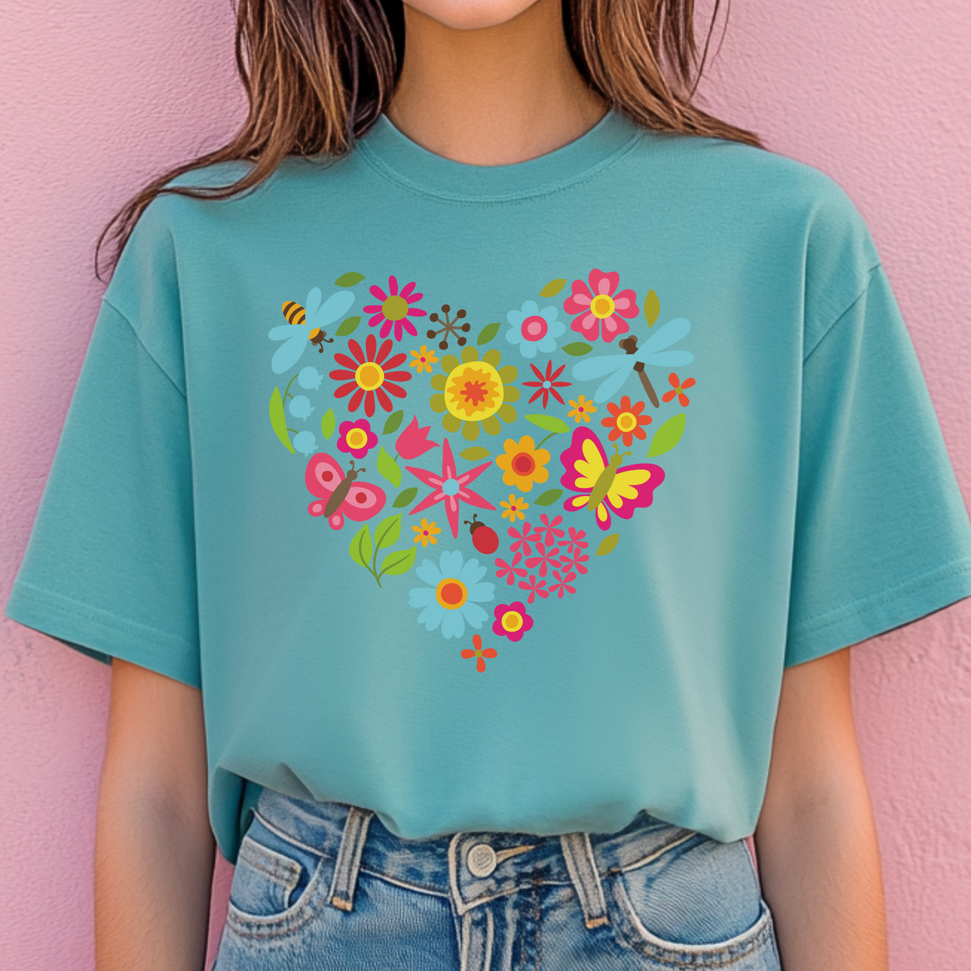 Delicate heart-shaped image crafted from flowers, dragonflies, and butterflies. This floral heart graphic brings a whimsical, nature-inspired touch to romantic or spring decor. Perfect for wedding prints, nursery art, feminine stationery, or boho branding. Combines elements of garden beauty and fluttering movement to create an ethereal, love-themed design filled with color and charm.