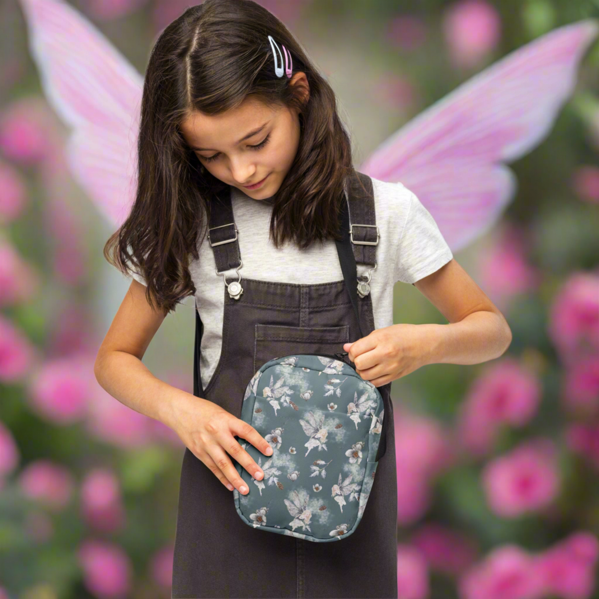 Grey small canvas crossbody utility bag, with a repeating fairy, floral and pinecone pattern. This hiking biking small tote can be worn on the hips, waist or cross the chest. The perfect gift or festival pouch for ladies, teens and tween. By jaecrece