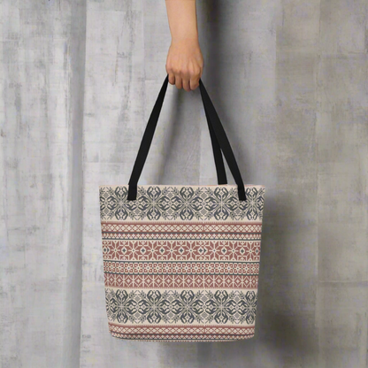 Image: Fair Isle Tote bag in shades of burgundy and navy. This winter carryall has a Nordic pattern of flowers and snowflakes, by jaecrece