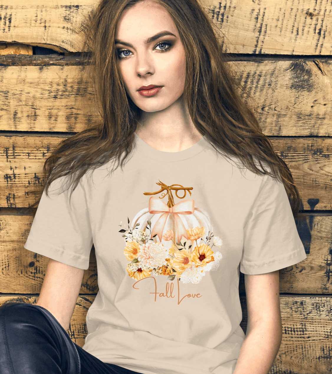 Fall Love Tshirt, featuring a white pumpkin with a peach ribbon, surrounded by fall flowers. The text reads fall, love, by jaecrece.