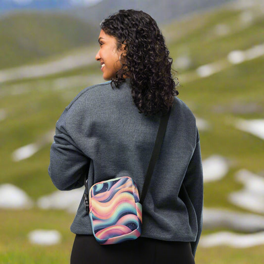 Celestial Canvas Utility Crossbody Bag, featuring pastel shades of pink and blue swirling around midnight stars, by jaecrece.com