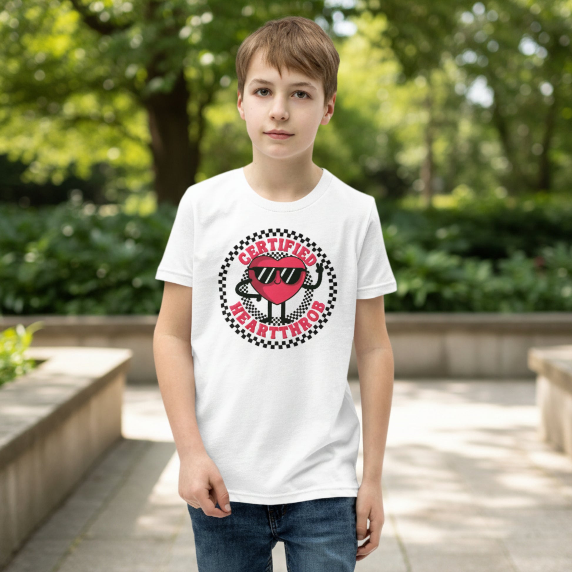 A child models a white youth graphic tee decorated with a playful Certified Heartthrob Valentine's Day design. A cartoon heart character wearing sunglasses sits inside a bold black and white checkerboard circle, with the phrase Certified Heartthrob surrounding the illustration. The fun design brings a cheerful personality to a child's holiday outfit.