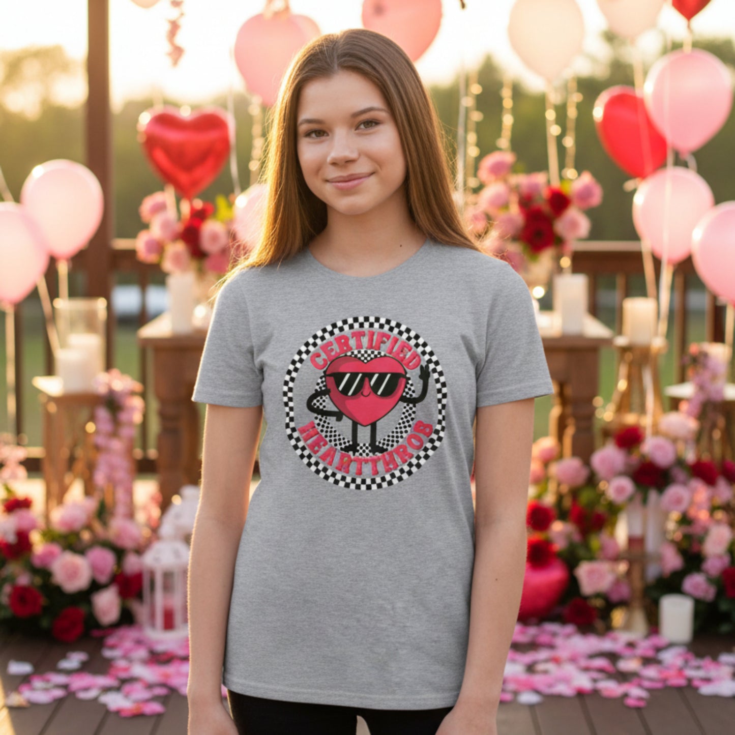 A child models a white Certified Heartthrob youth T shirt featuring a playful cartoon heart character wearing sunglasses. The heart is surrounded by a bold black and white checkerboard circle, with Certified Heartthrob lettering across the design. The fun graphic has a retro inspired feel that works well for Valentine's Day outfits.