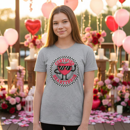 A child models a white Certified Heartthrob youth T shirt featuring a playful cartoon heart character wearing sunglasses. The heart is surrounded by a bold black and white checkerboard circle, with Certified Heartthrob lettering across the design. The fun graphic has a retro inspired feel that works well for Valentine's Day outfits.