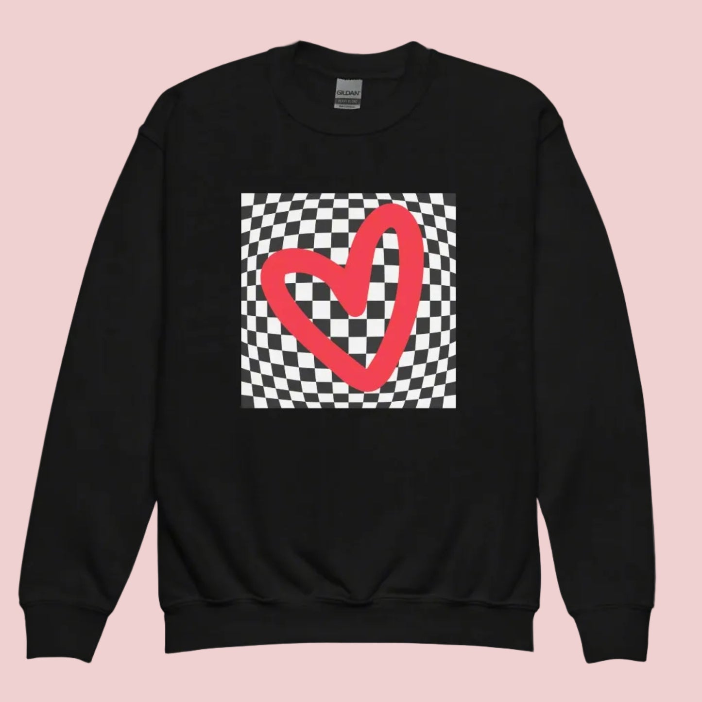 Checkerboard Love Youth Sweatshirt, features a retro black and checker optical illusion pattern with a red heart. Perfect as a gift for Valentine's Day! Matching shirts, baby bodysuits available in baby, child and adult sizes, by jaecrece
